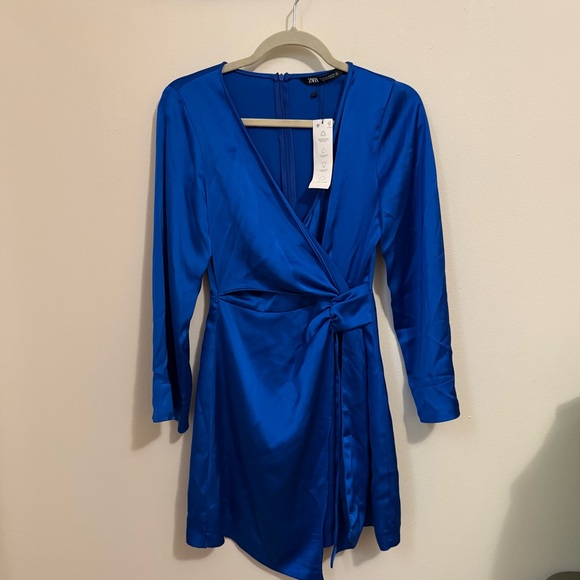 Zara Women's Vibrant Blue Long Sleeve Silk Wrap Dress, NWT - Picture 1 of 4